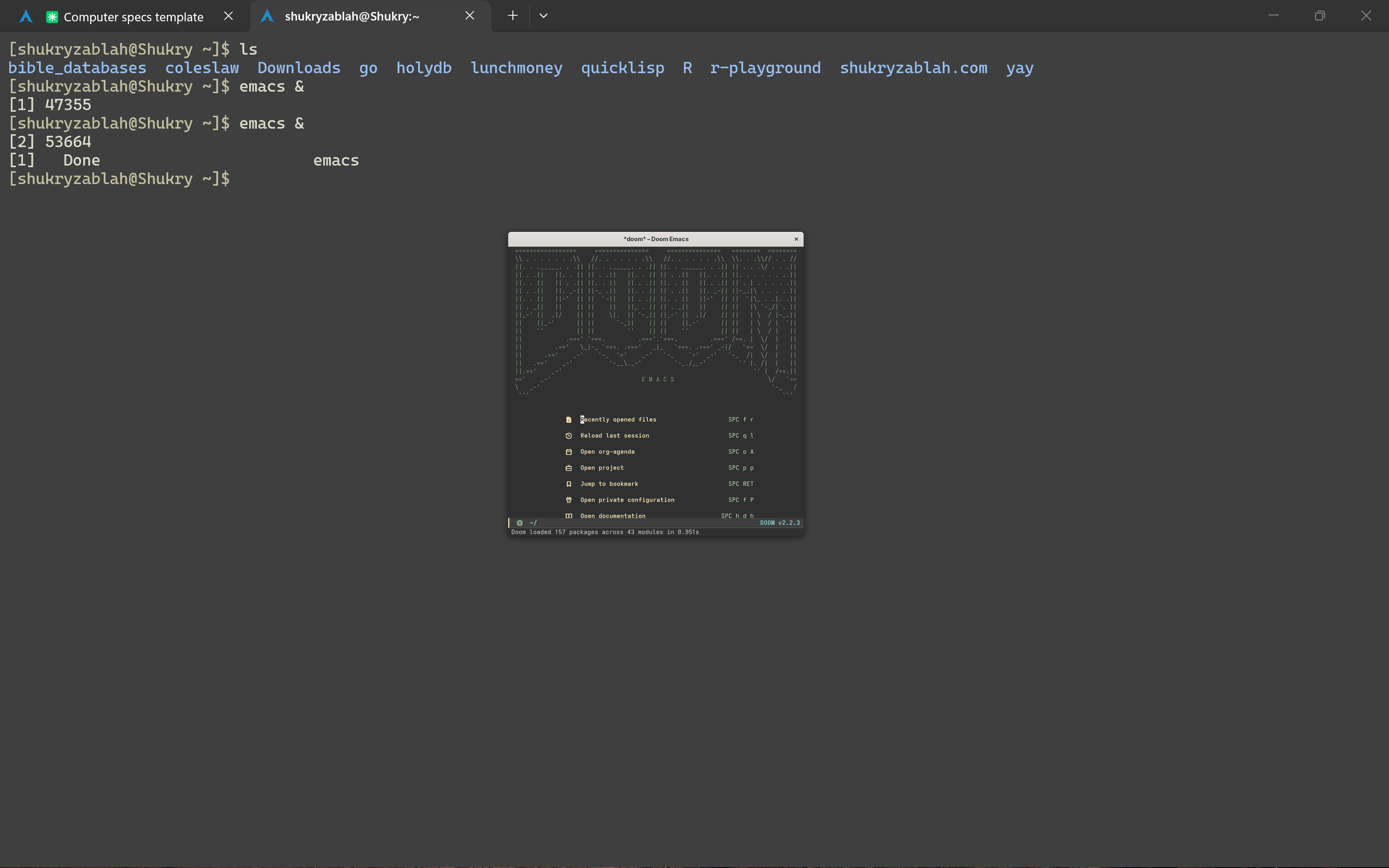 A full-screen terminal at normal size, with a Doom Emacs window about a quarter the size floating in the middle of it.